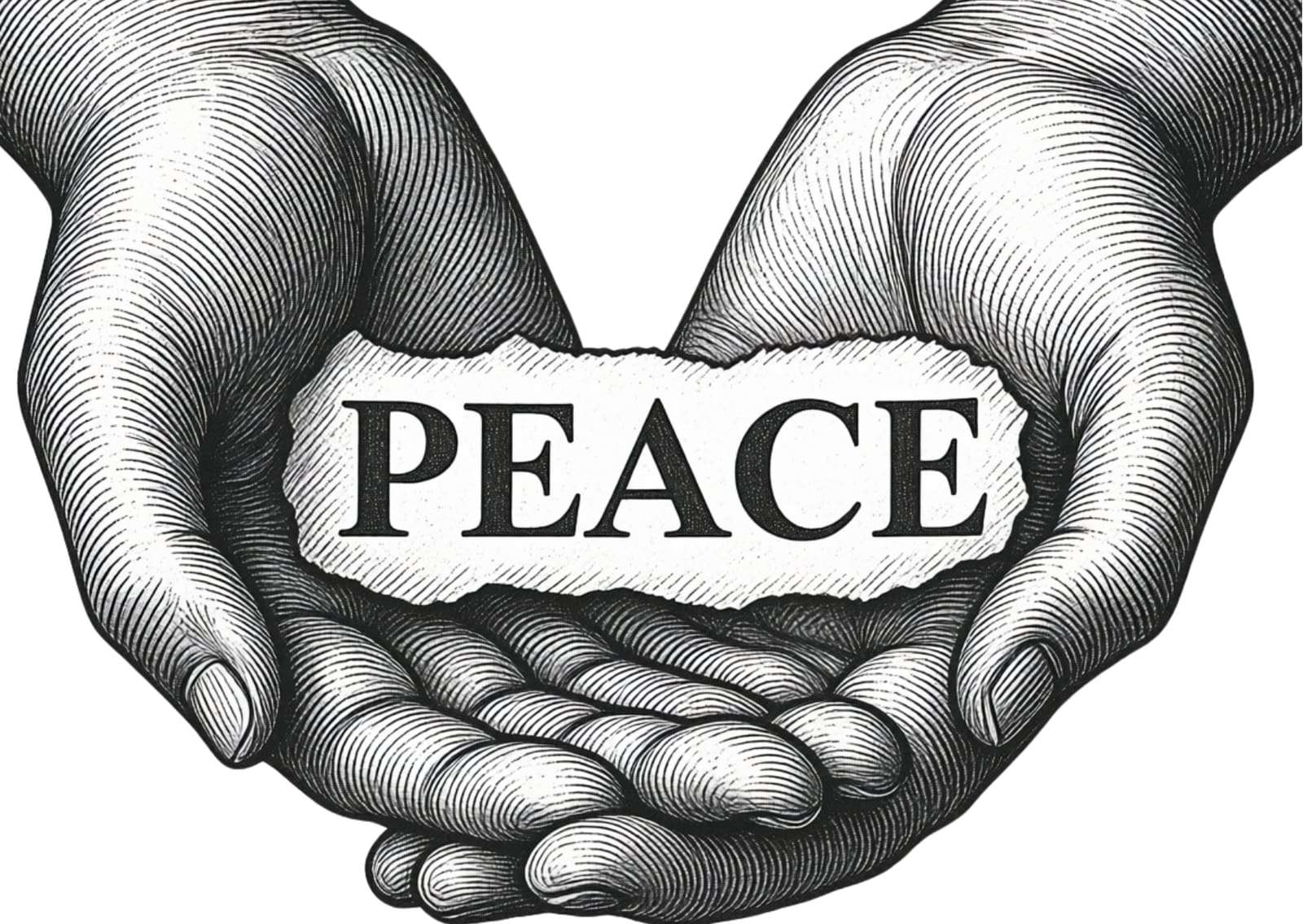 Two hands holding the word PEACE, drawn illustration