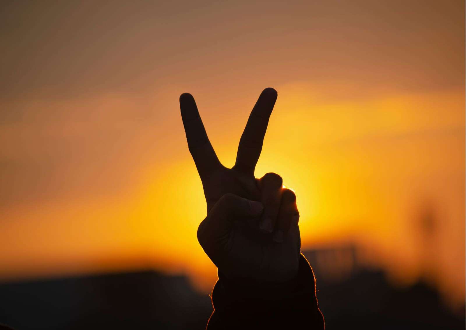 A hand making the peace sign against the setting sun