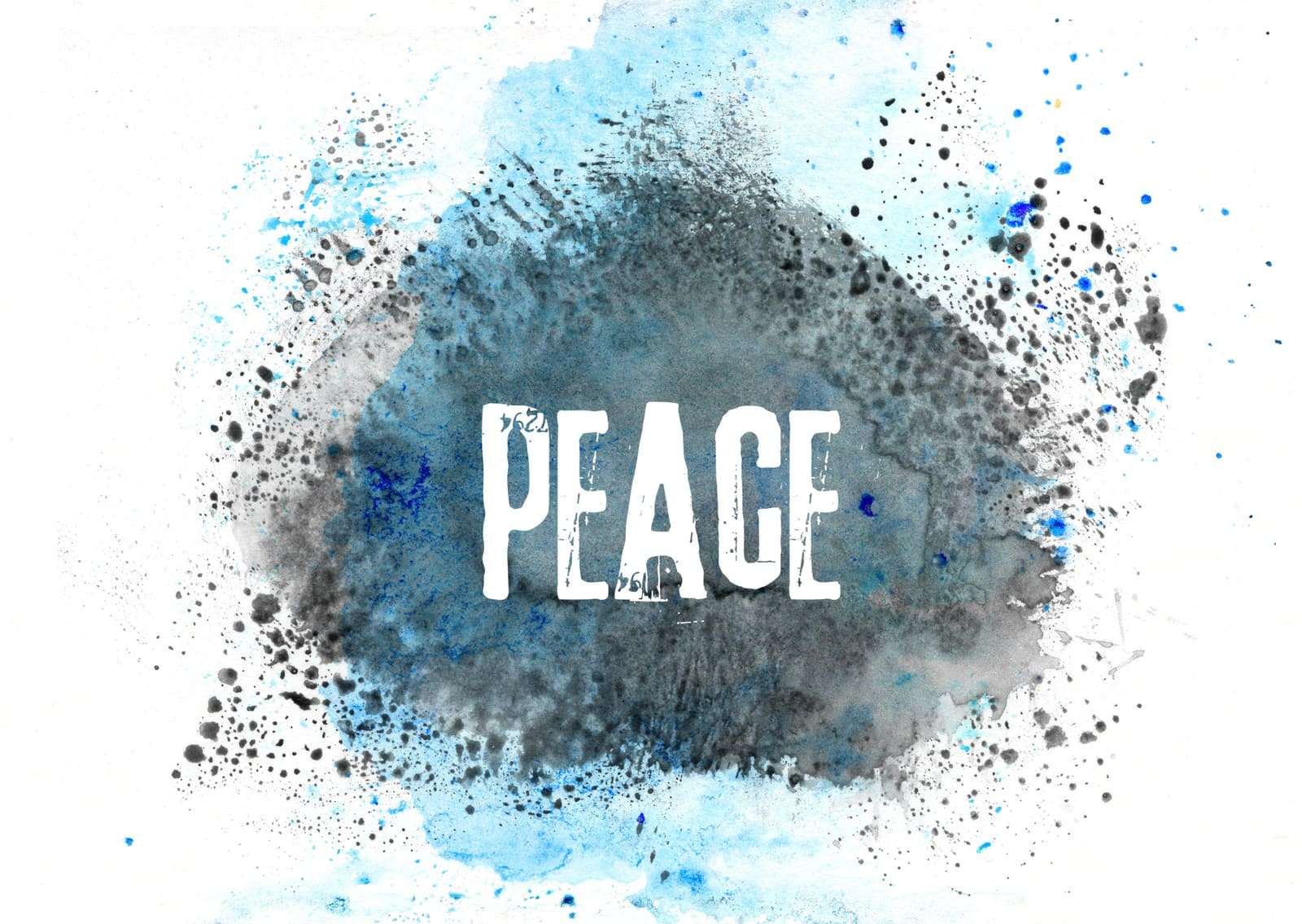 The word PEACE on a blue watercolour splash